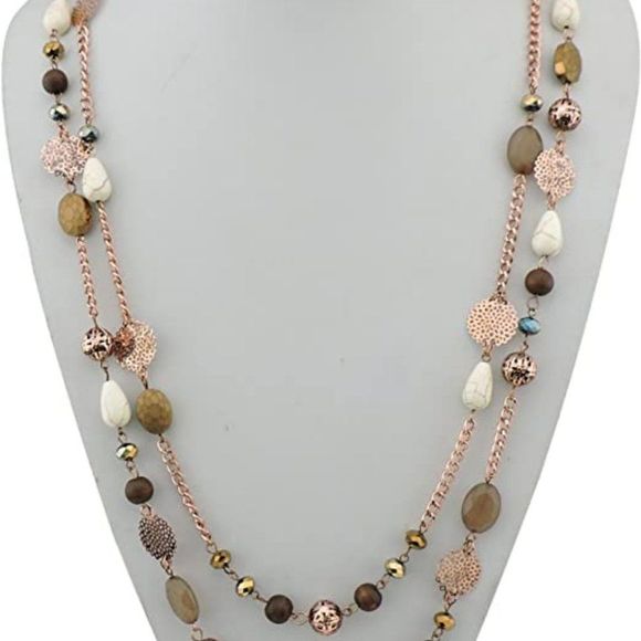 BOCAR 2 Layer Long Link Chain Necklace Crystal Beads Women Party Long Necklace - Picture 3 of 4